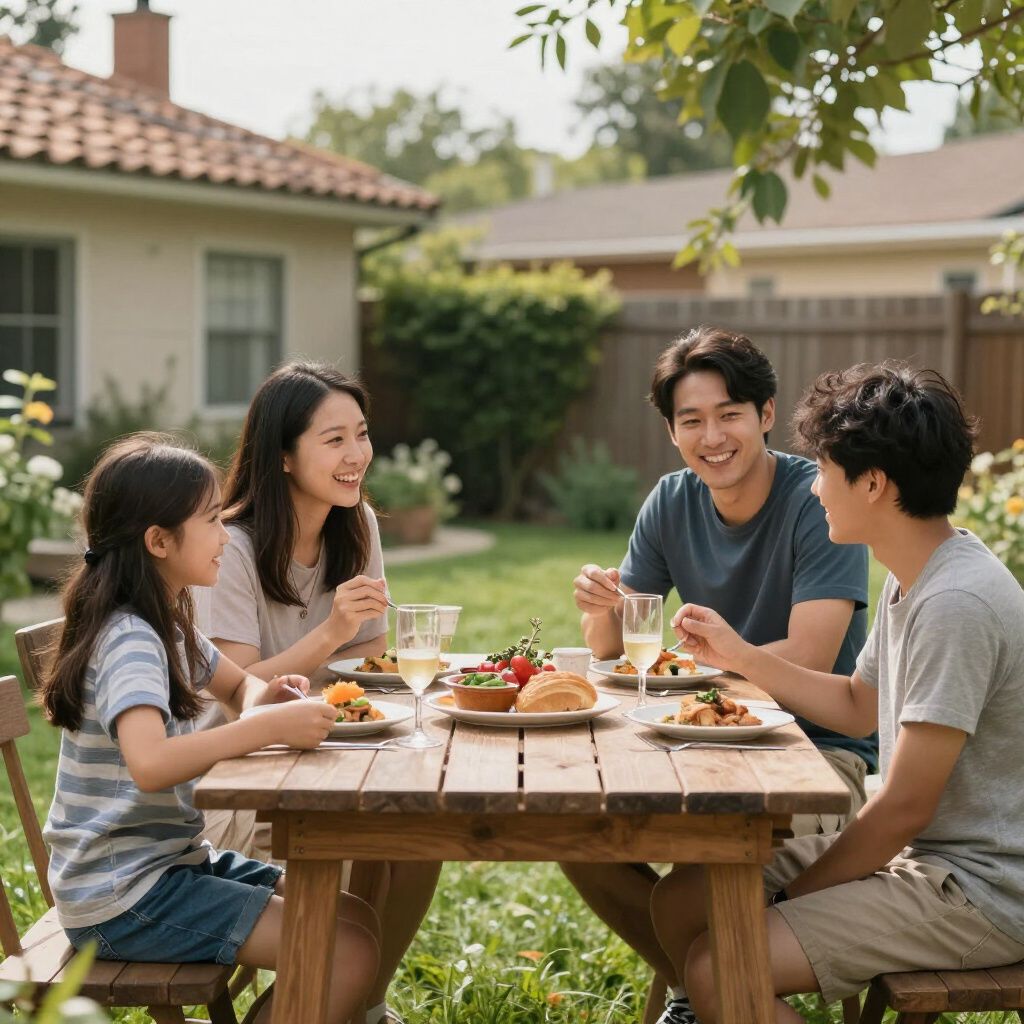 Family eating outdoors, smiling, at a wooden table in a backyard with food and drinks.