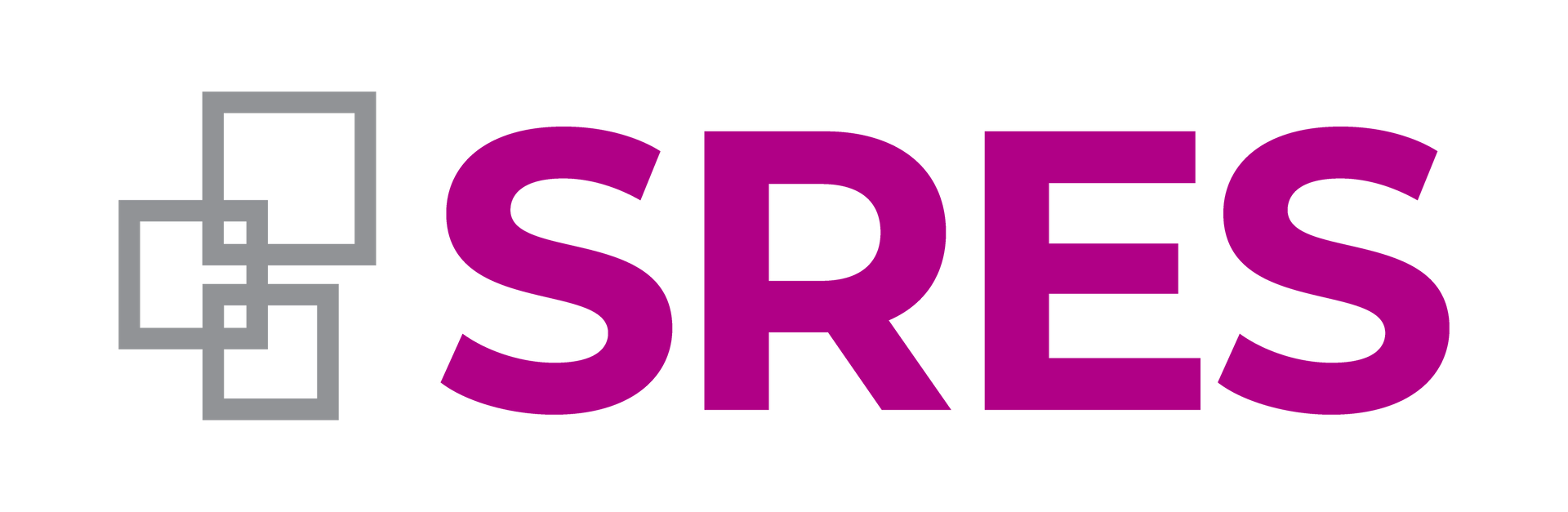 Logo with the letters SRES in purple, next to a grey icon of overlapping squares.