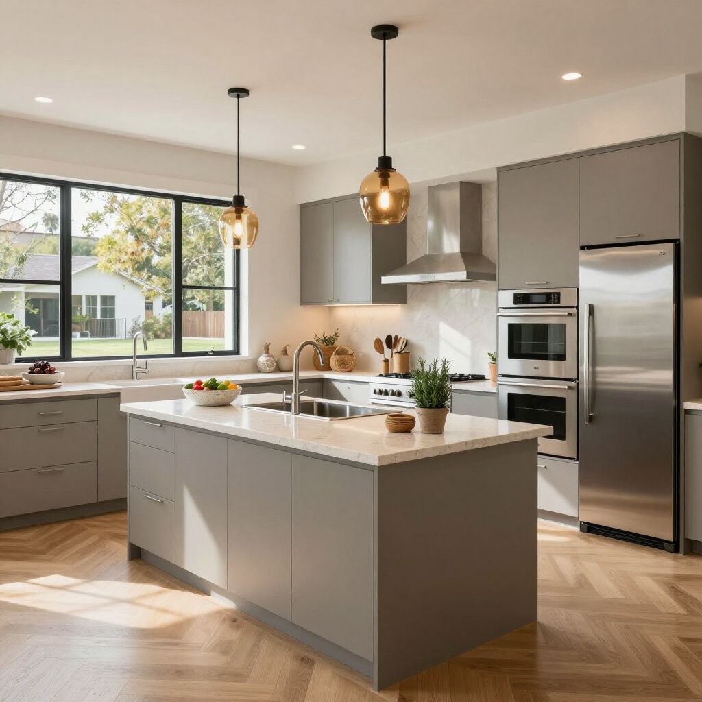Modern kitchen with gray cabinets, island, stainless steel appliances, and wood floors.