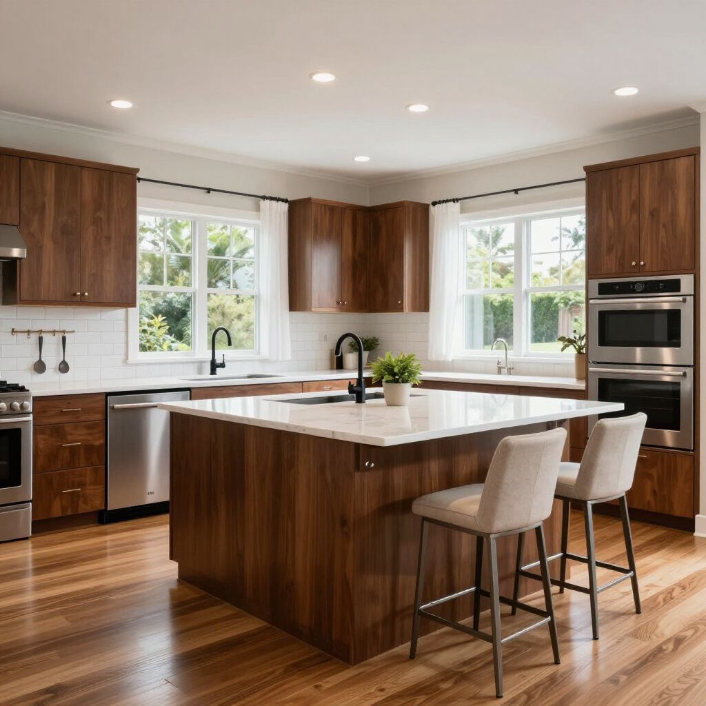 Modern kitchen with brown wood cabinets, stainless steel appliances, and white countertops.