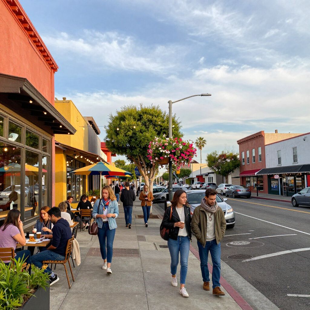 People walking and sitting outside colorful shops and restaurants on a sunny street.