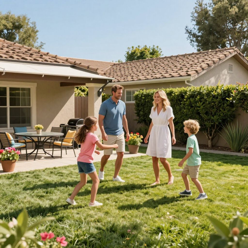 Family playing in a sunny backyard with a house in the background.
