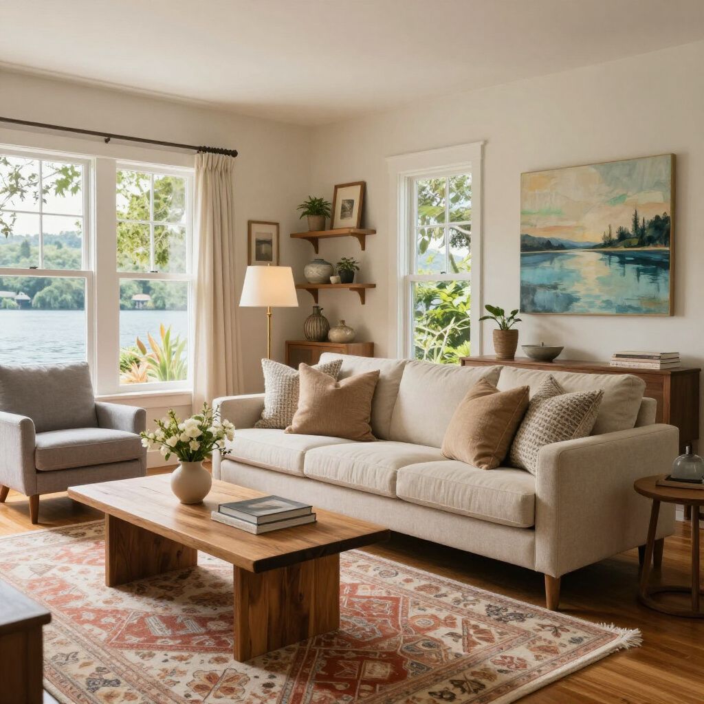 Cozy living room with cream sofa, armchair, rug, and artwork. Natural light floods the space from windows with a lake view.