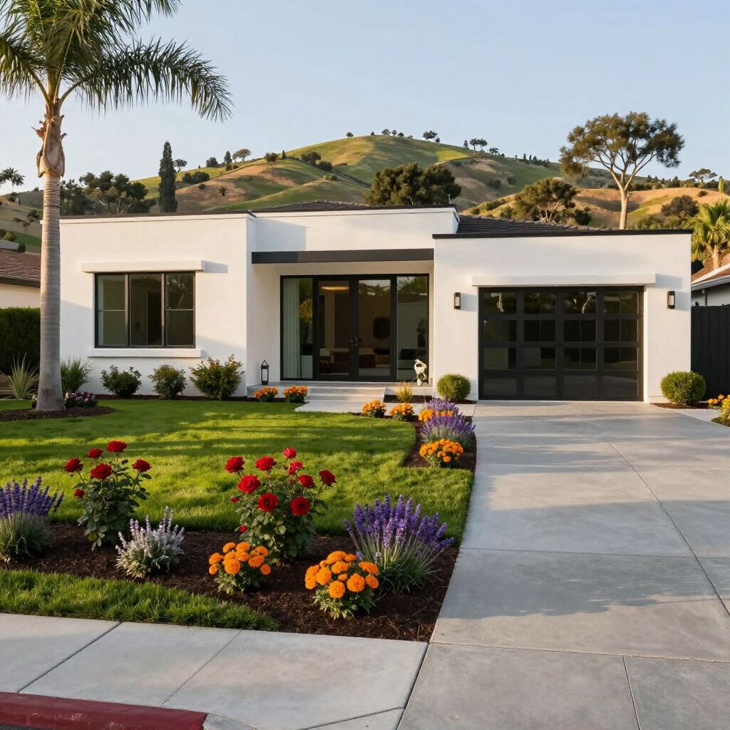 White modern house with black trim, lush green lawn, and colorful flowerbeds.