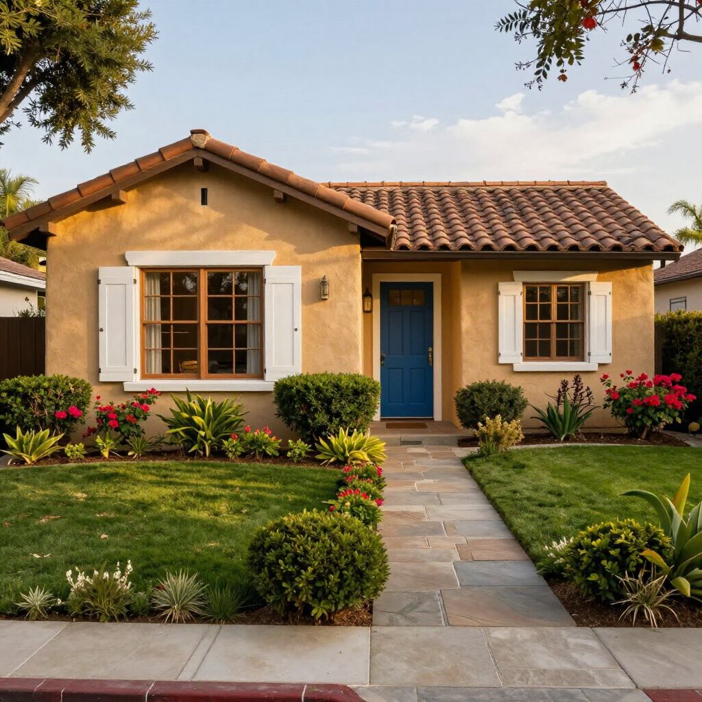 Yellow stucco house with blue door, brown tile roof, white shutters, and landscaped yard.