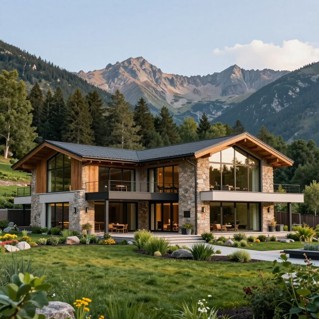 Modern stone and wood house with large windows, mountains in the background, surrounded by green lawn and flowers.