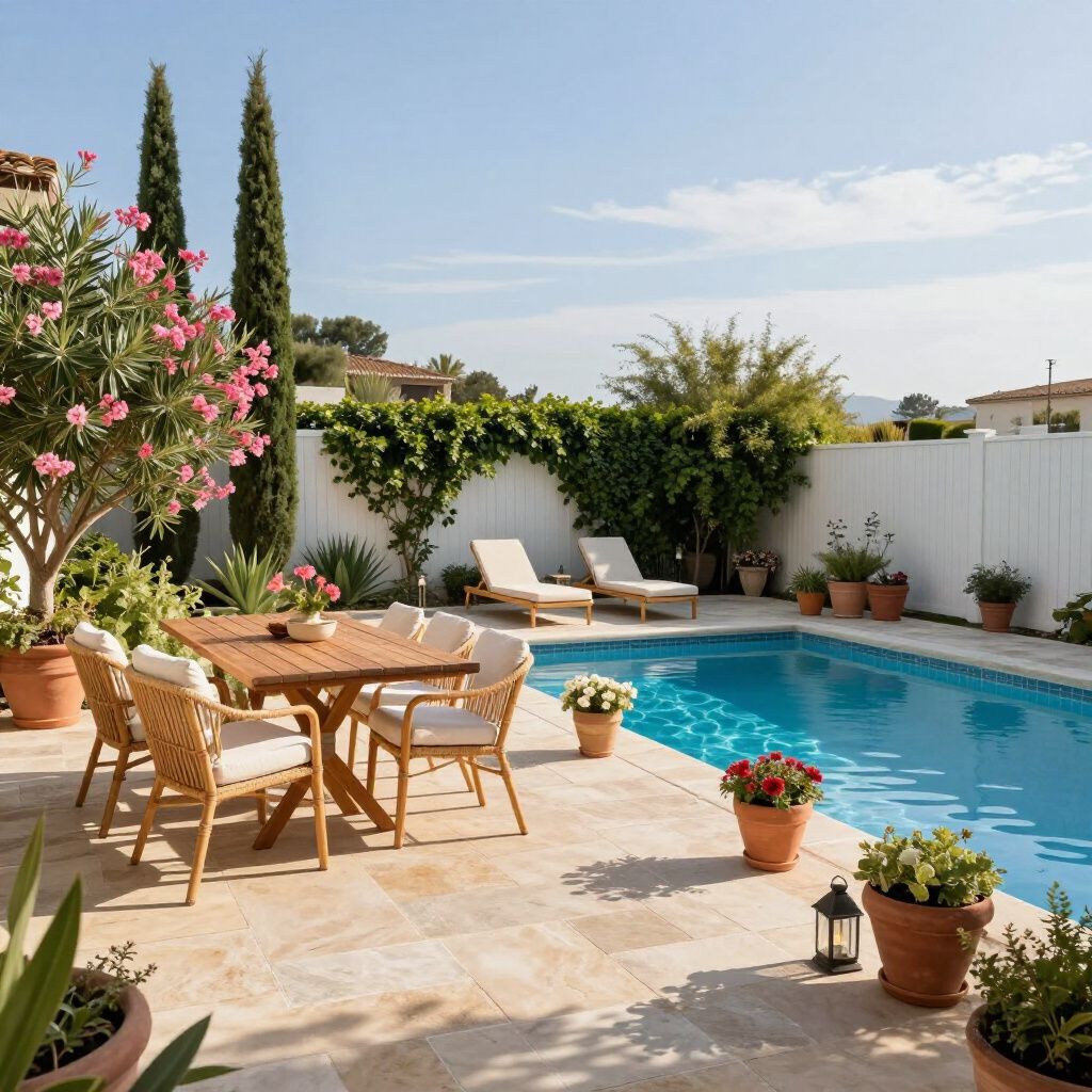 Poolside patio with table, chairs, lounge chairs, potted plants, and blue pool under a sunny sky.