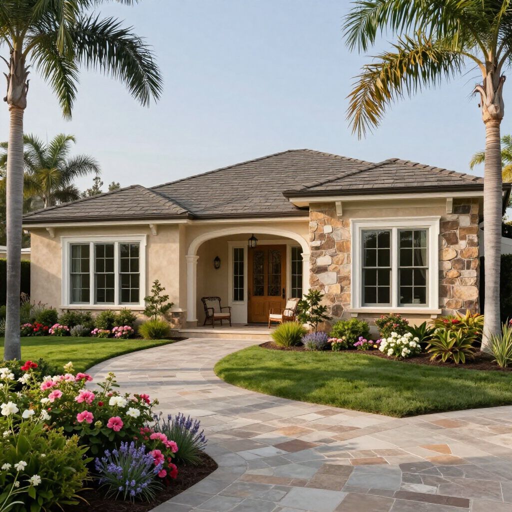 Tan stucco house with stone accents, arched entry, palm trees, and landscaped yard.