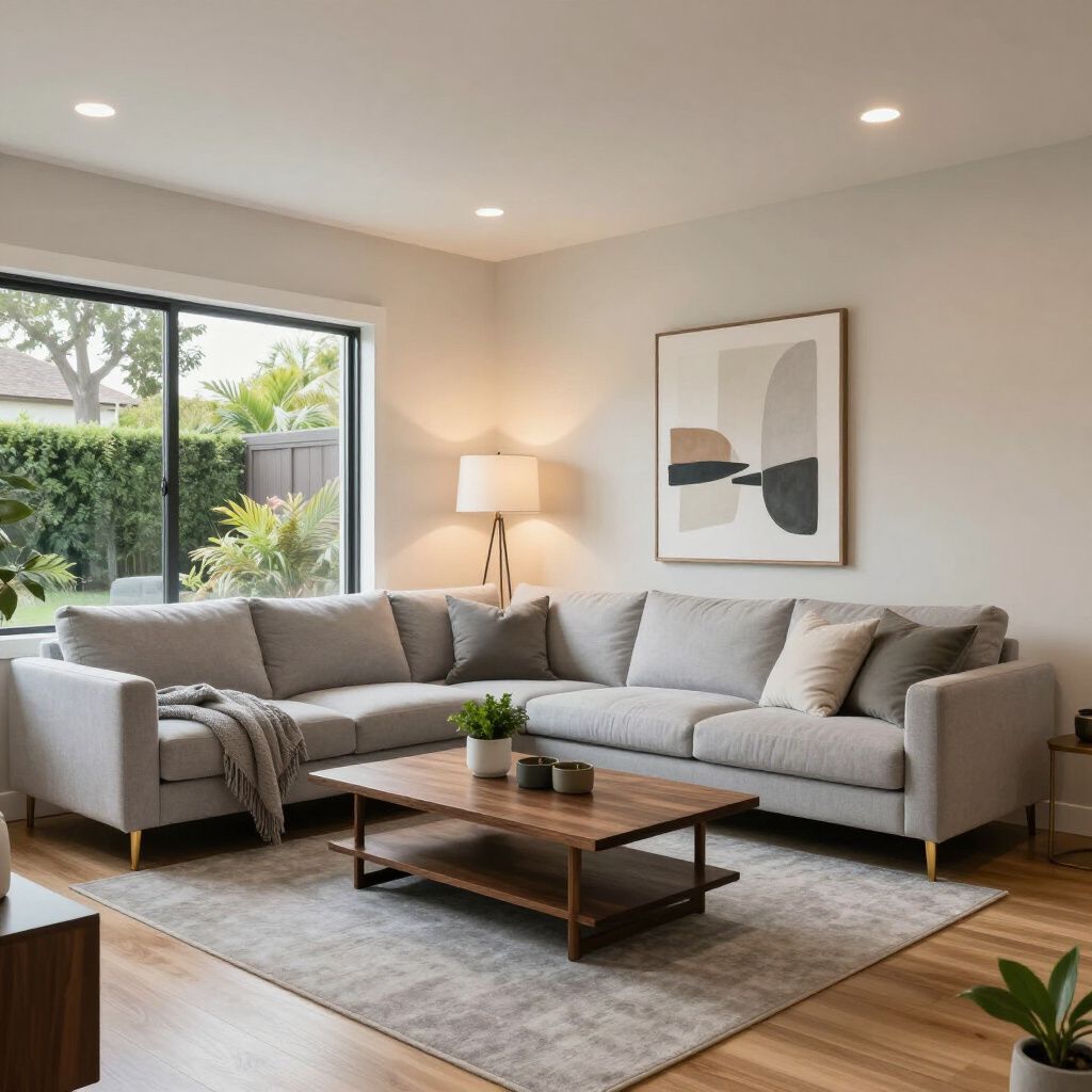 Living room with light gray sectional sofa, wooden coffee table, and abstract art.