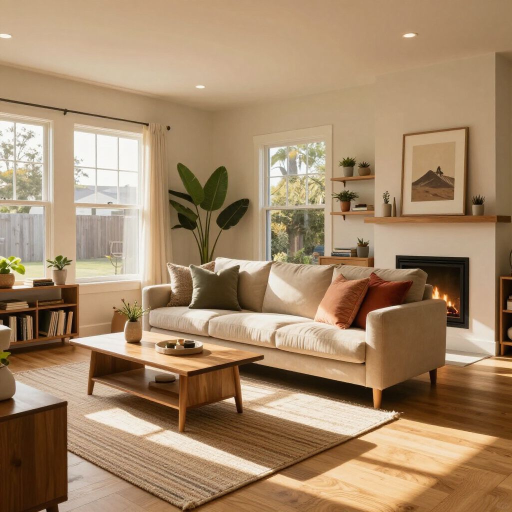 Cozy living room with tan sofa, wooden furniture, fireplace, and large windows with sunlight streaming in.