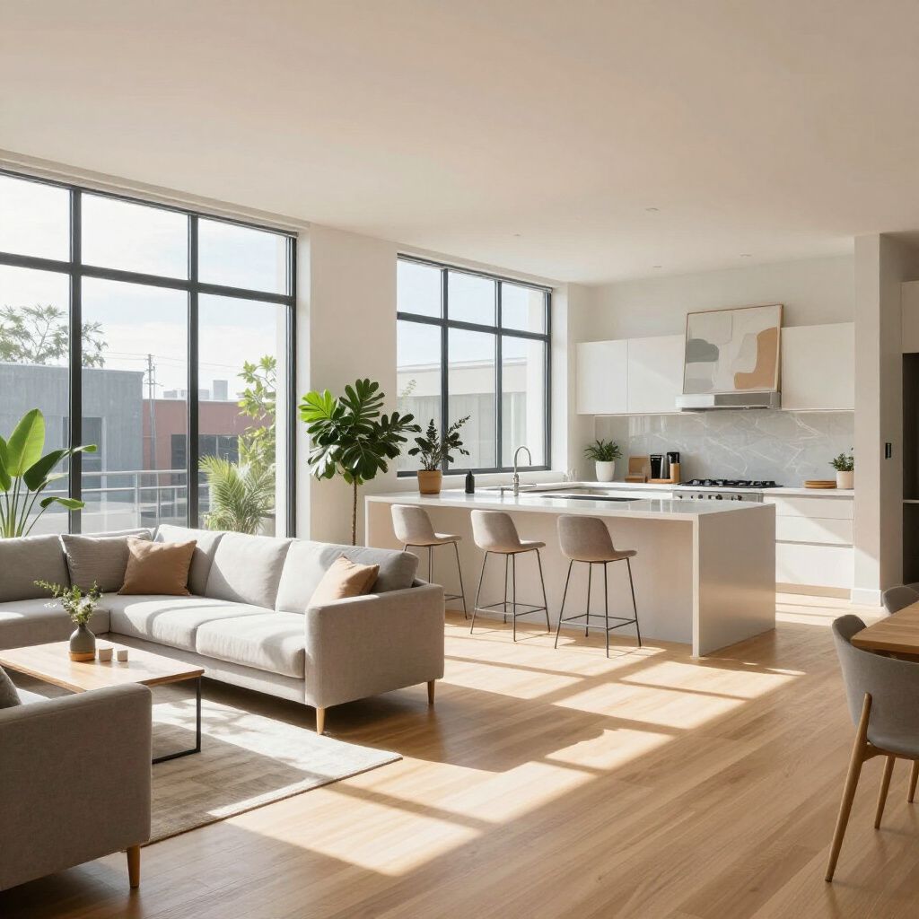 Open-concept living space with a kitchen island, sofa, and dining area. Large windows provide natural light.