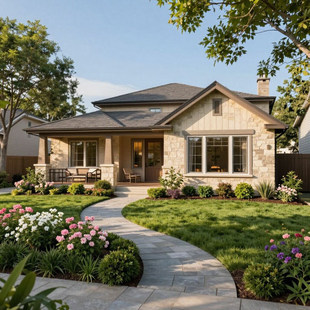 Charming stone house with a curved walkway and vibrant flowerbeds.