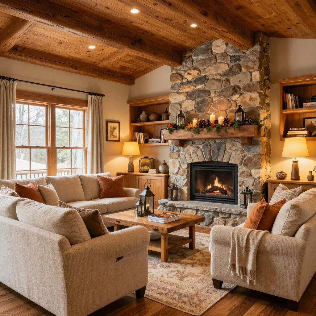 Cozy living room with stone fireplace, wood ceiling, and neutral-toned furniture; lit candles and window view.