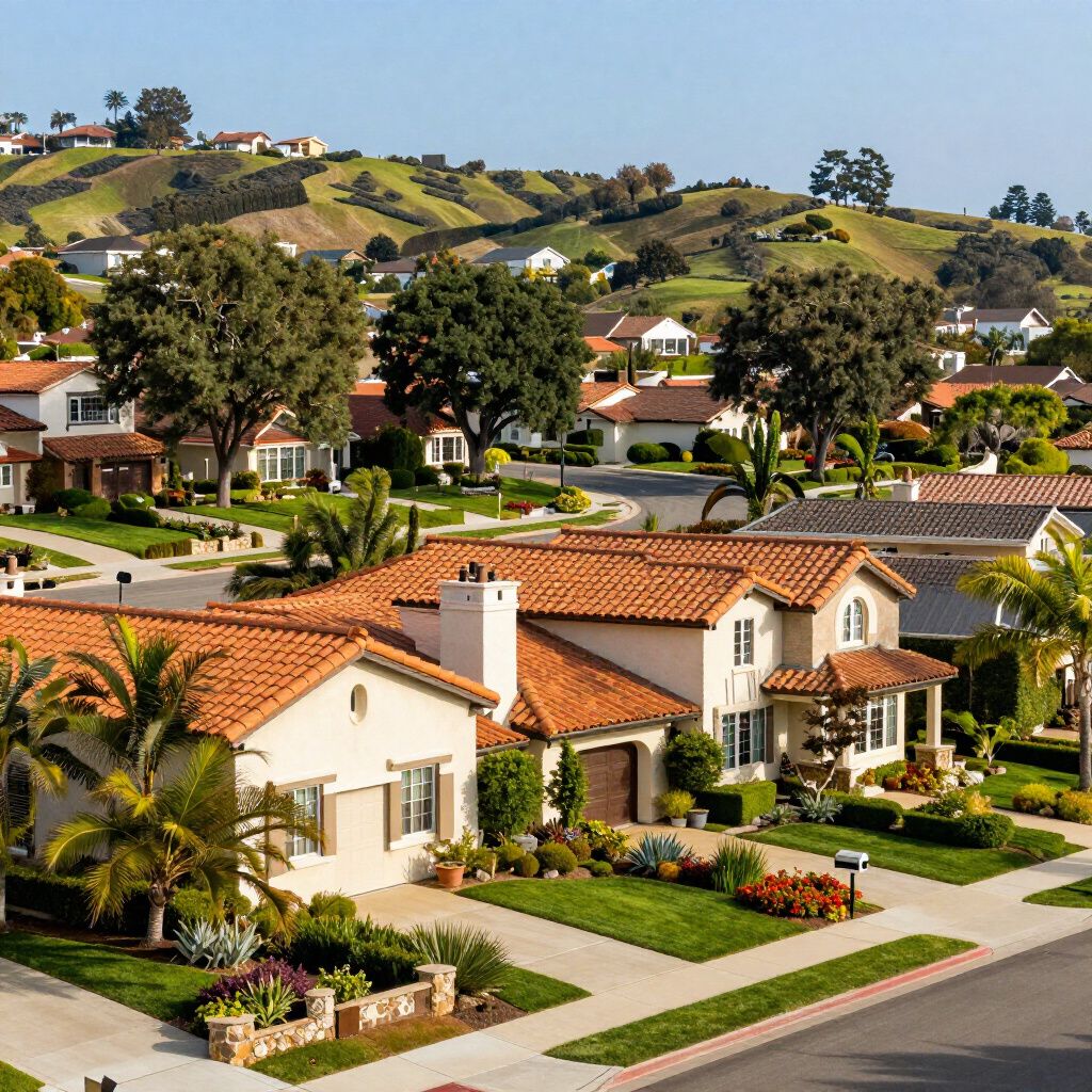 Suburban neighborhood with houses featuring red tile roofs, landscaping, and hills in the background.