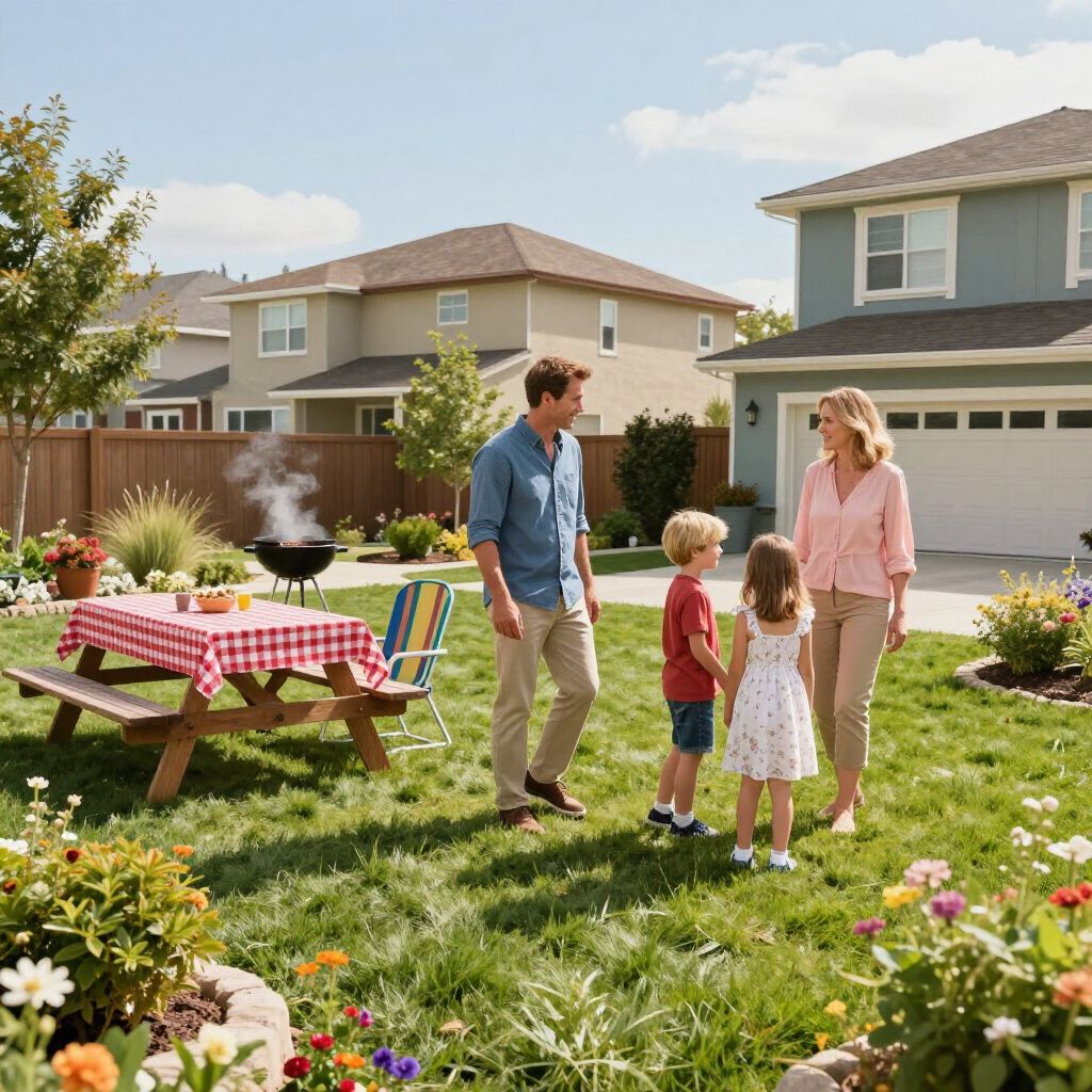 Family in backyard by picnic table, barbecue, and flowers.