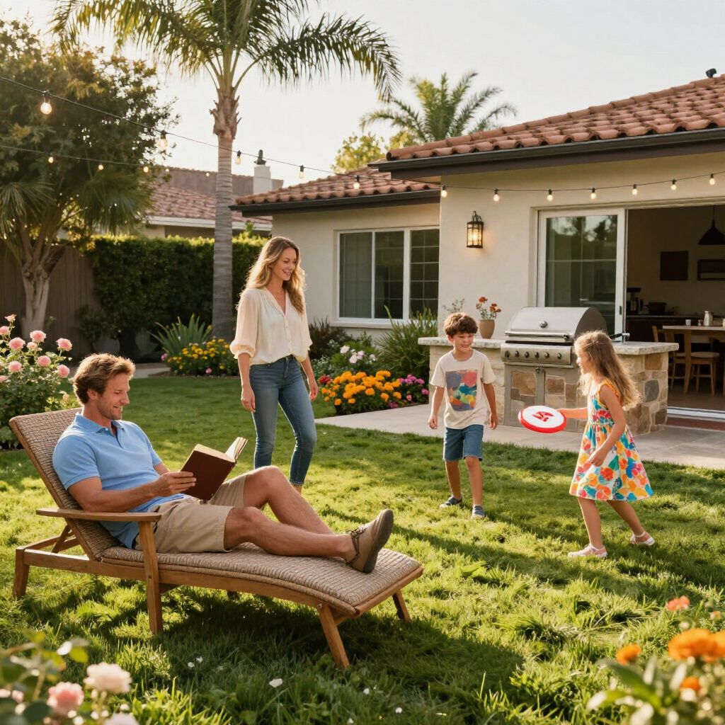Family in a sunny backyard: father reads, mother watches, children play with a frisbee.