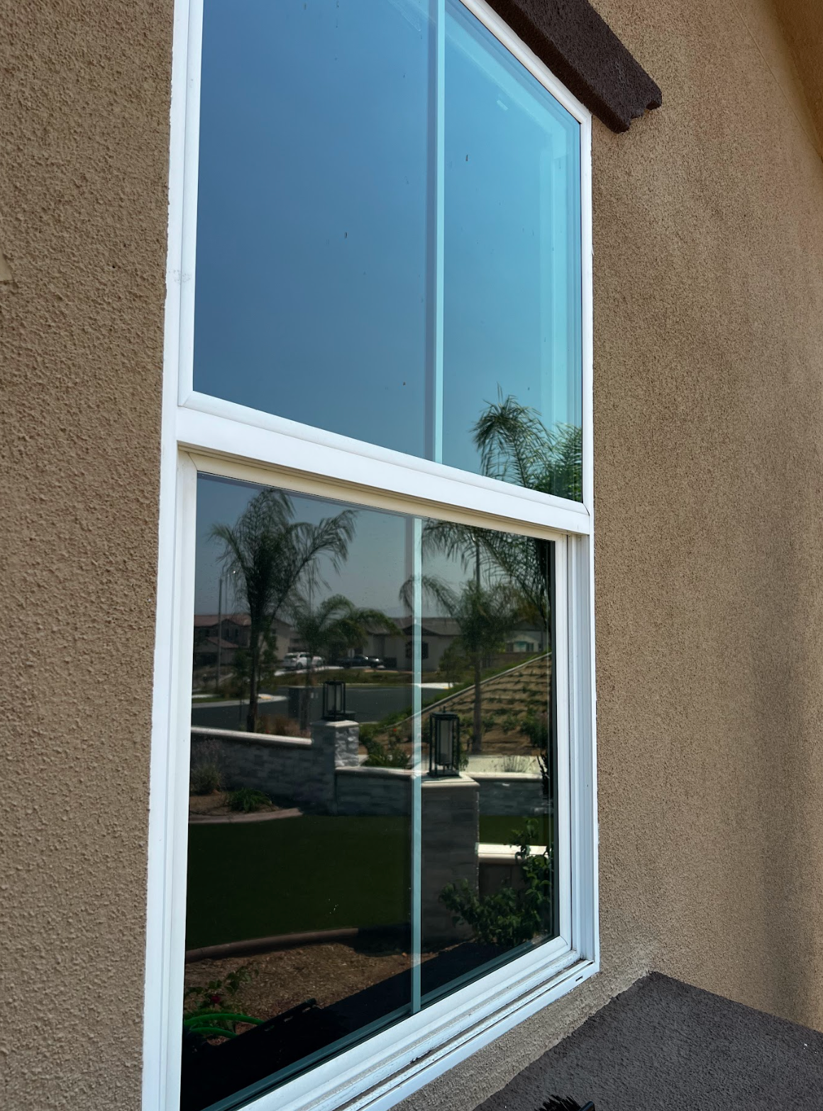 A closed double-pane window on a beige stucco wall reflects palm trees and a suburban neighborhood under a clear sky.