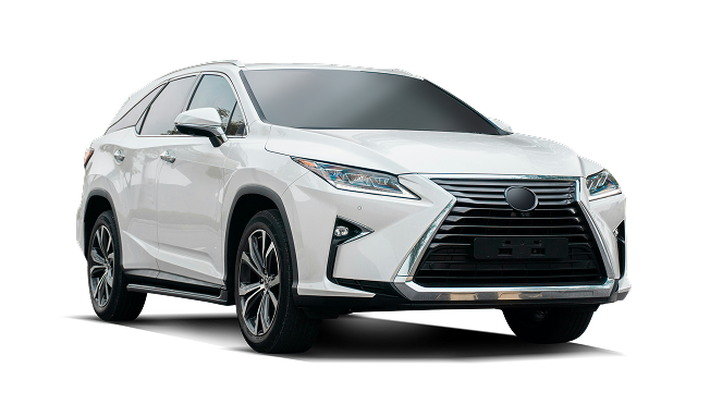White Lexus RX SUV on a white background, angled front view. | We Fix Cars