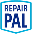Logo of Repair Pal: navy blue text in a white and turquoise shield. 