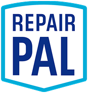 Logo of Repair Pal: navy blue text in a white and turquoise shield.