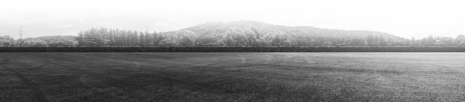 A black and white panoramic view of a field in front of a distant tree line and a mountain in the fog. | We Fix Cars