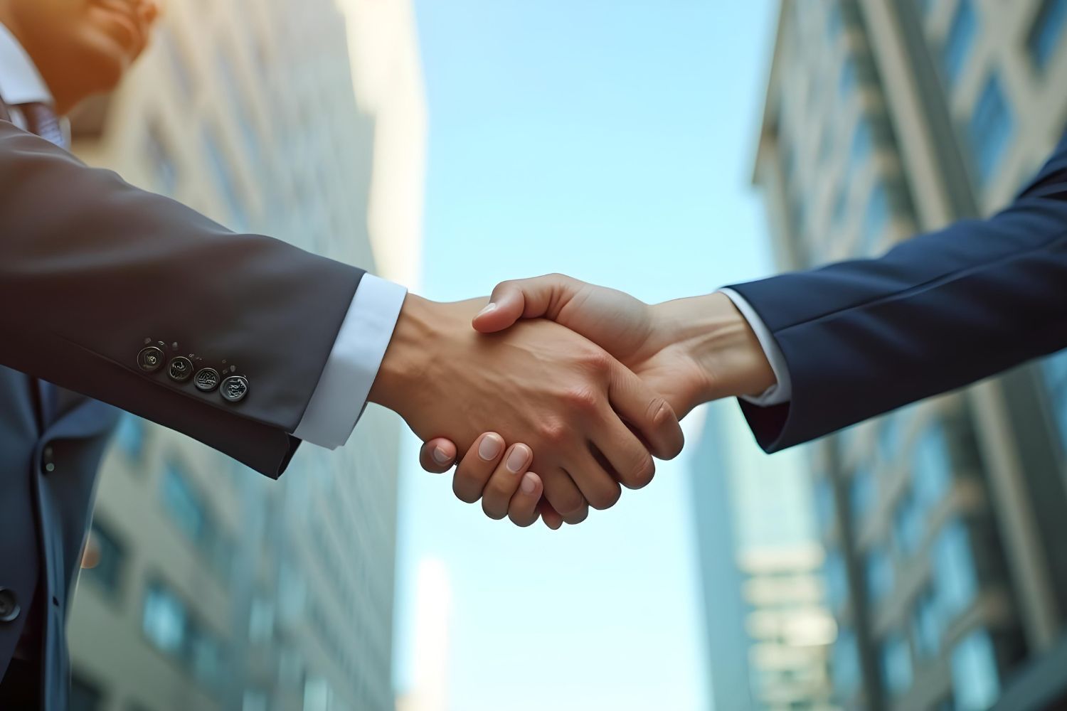 Two business people in suits shaking hands, outdoors in front of skyscrapers.