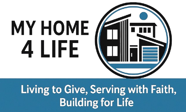 Logo for My Home 4 Life Real Estate LLC: house silhouette inside a blue and black circular design.