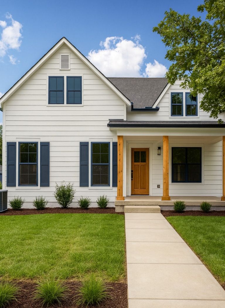 Modern two-story house with a pool, patio, and outdoor dining area.