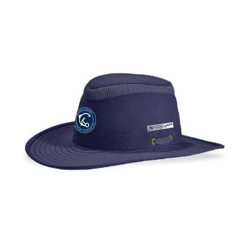 A blue hat with a logo on it is on a white background.