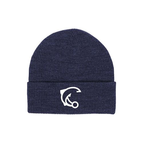 A blue beanie with a white logo on it
