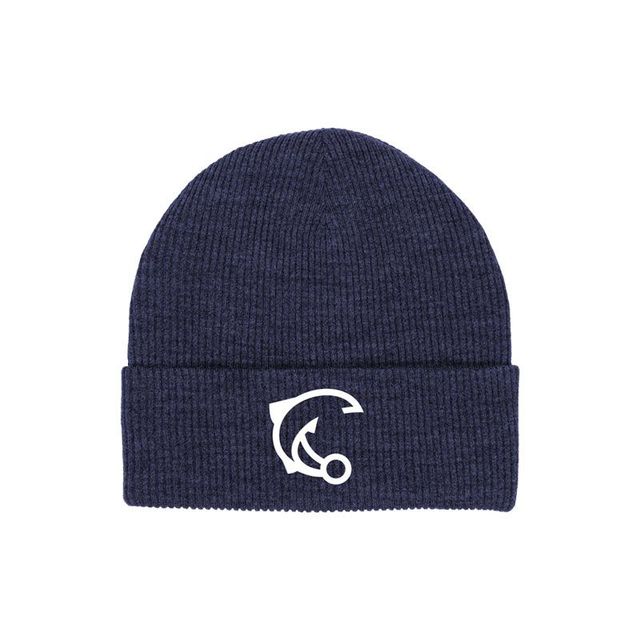A blue beanie with a white logo on it