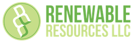 the logo for renewable resources llc is green and white .