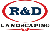 R&D Landscaping logo with red oval and navy lettering on a white background