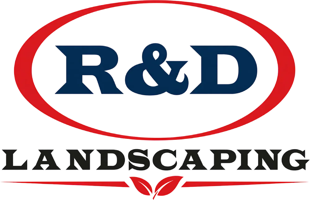 R&D Landscaping logo with red oval and navy lettering on a white background