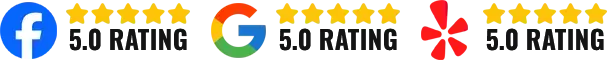 Facebook, Google, and Yelp 5.0 rating icons in blue, multicolor, and red-yellow.