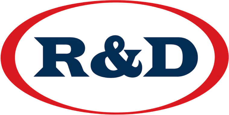 R&D logo in dark blue inside a red oval outline on a white background