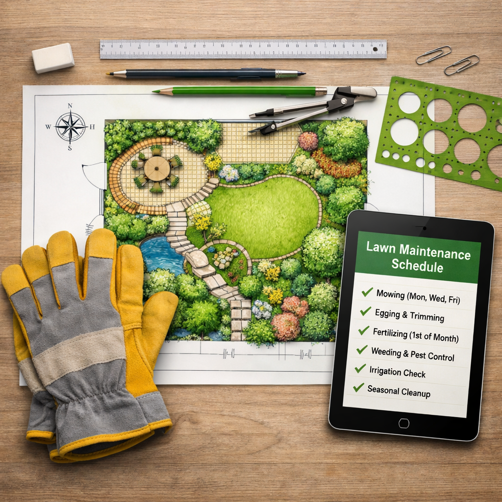 Garden design blueprint with tools and a tablet showing a lawn maintenance schedule.