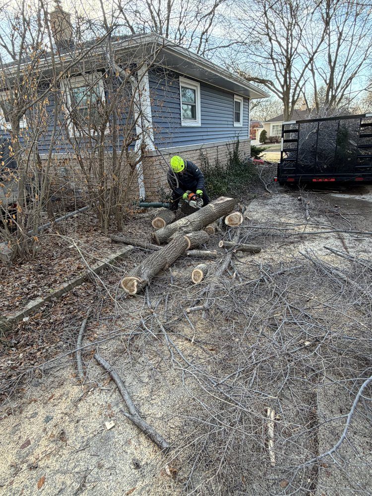 A person in a yellow hard hat uses a chainsaw to cut tree logs near a house and trailer.