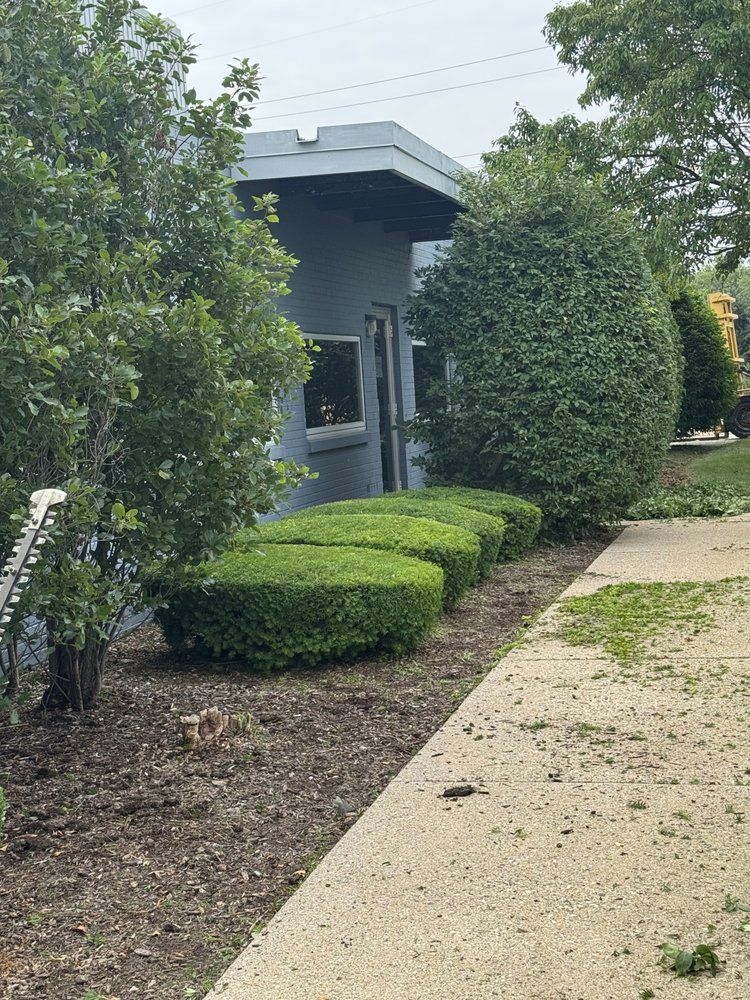 Building with neatly trimmed bushes along a sidewalk, trees, and cloudy sky.