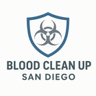 Logo for Blood Clean Up Los Angeles, featuring a blue shield with a biohazard symbol inside.