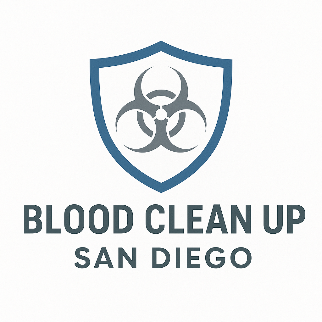 Logo for Blood Clean Up Los Angeles, featuring a blue shield with a biohazard symbol inside.