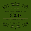 Green logo for SS&D shipping services & gift store. Contains text "SINCE 2001," "201 E MAIN ST. JEROME, ID".