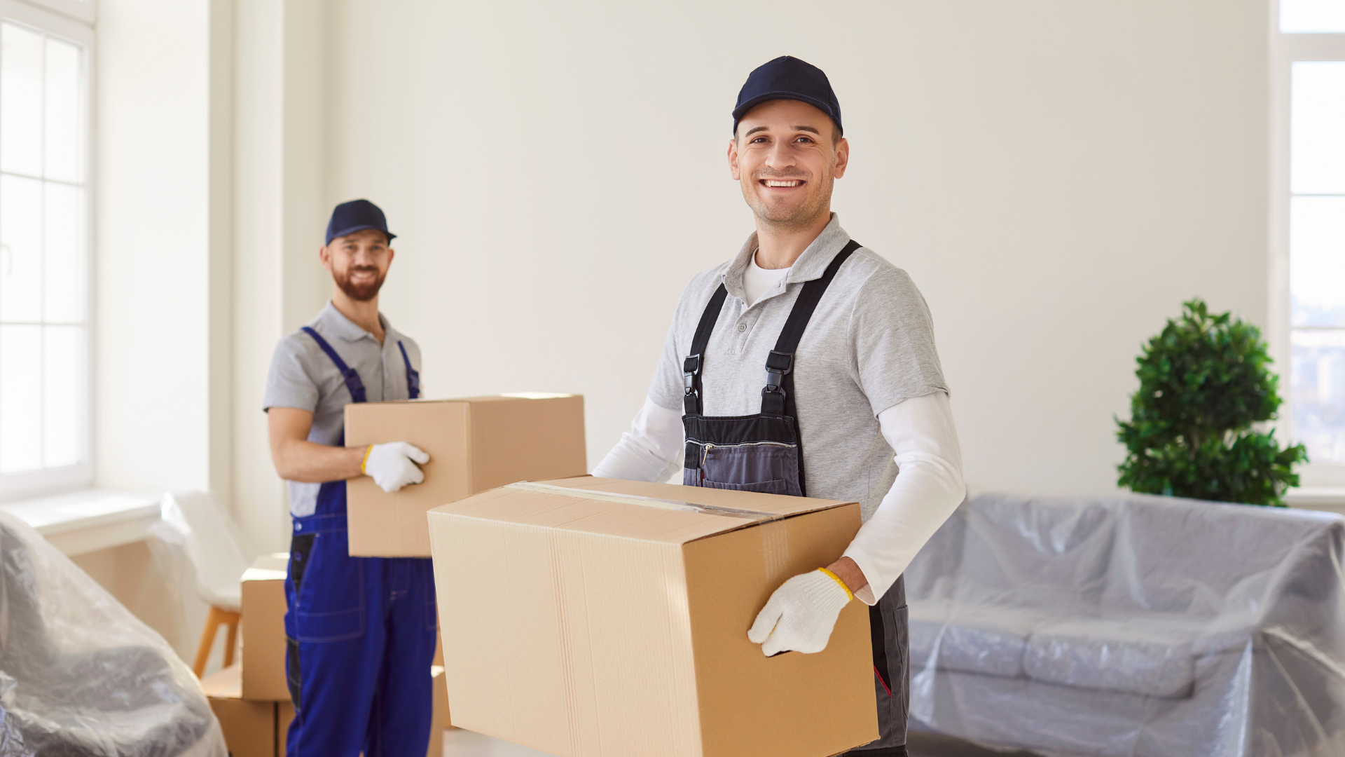 Two movers in a bright room, holding boxes and smiling. One in front, the other behind, near covered furniture.
