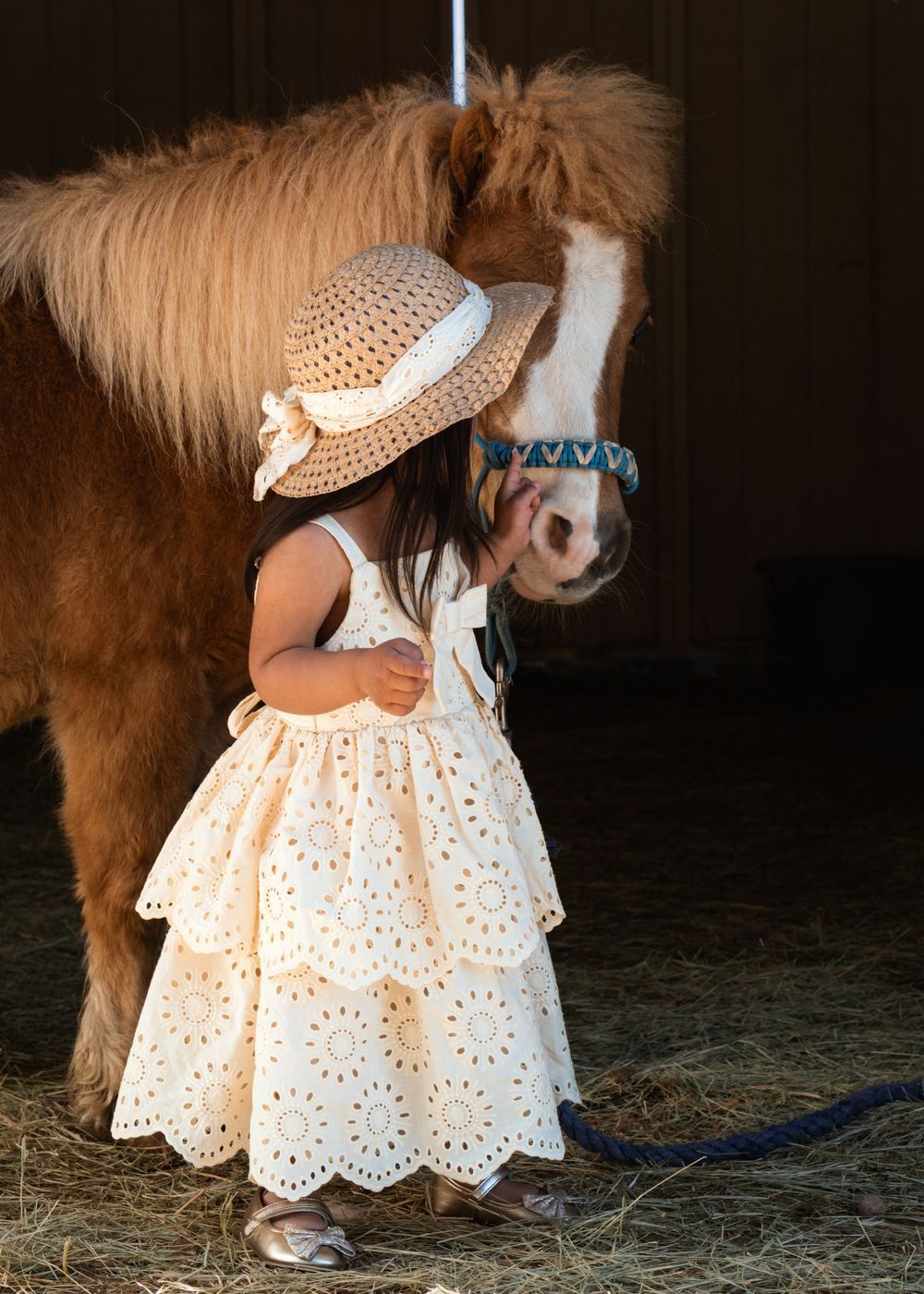 A little girl in a dress and hat is standing next to a pony.
