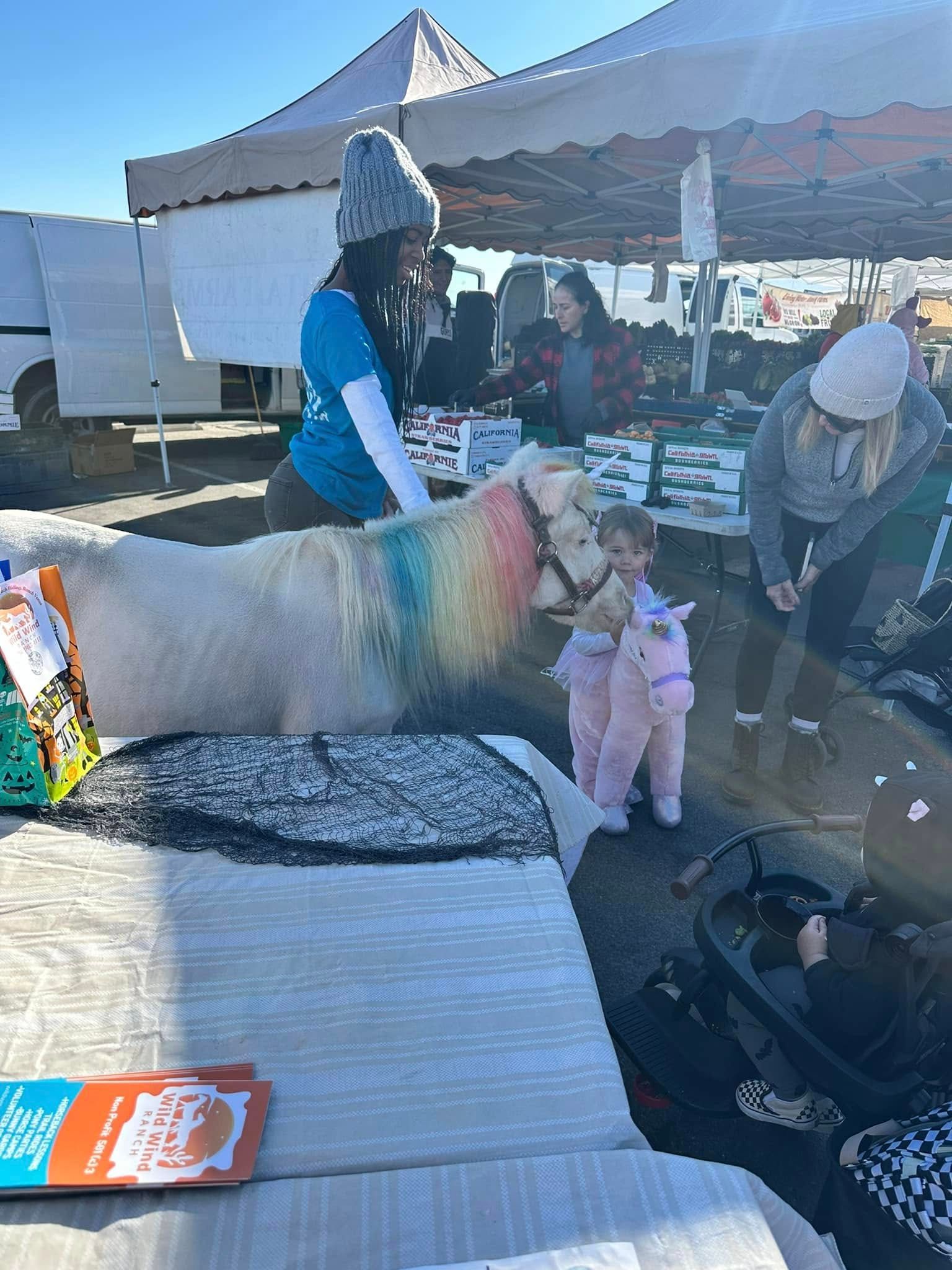 A woman is standing next to a stuffed unicorn at a market.