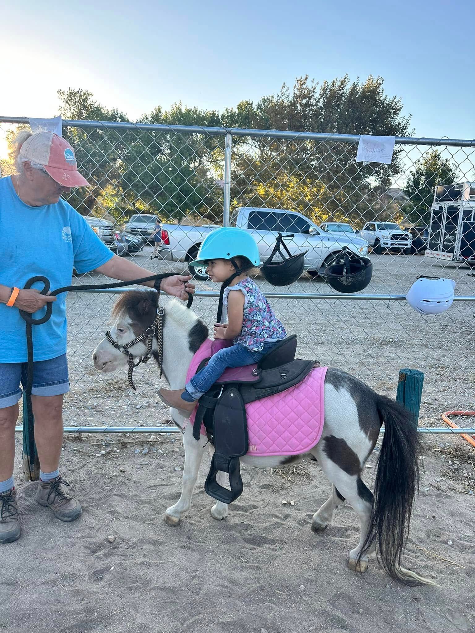 A little girl is riding on the back of a pony.