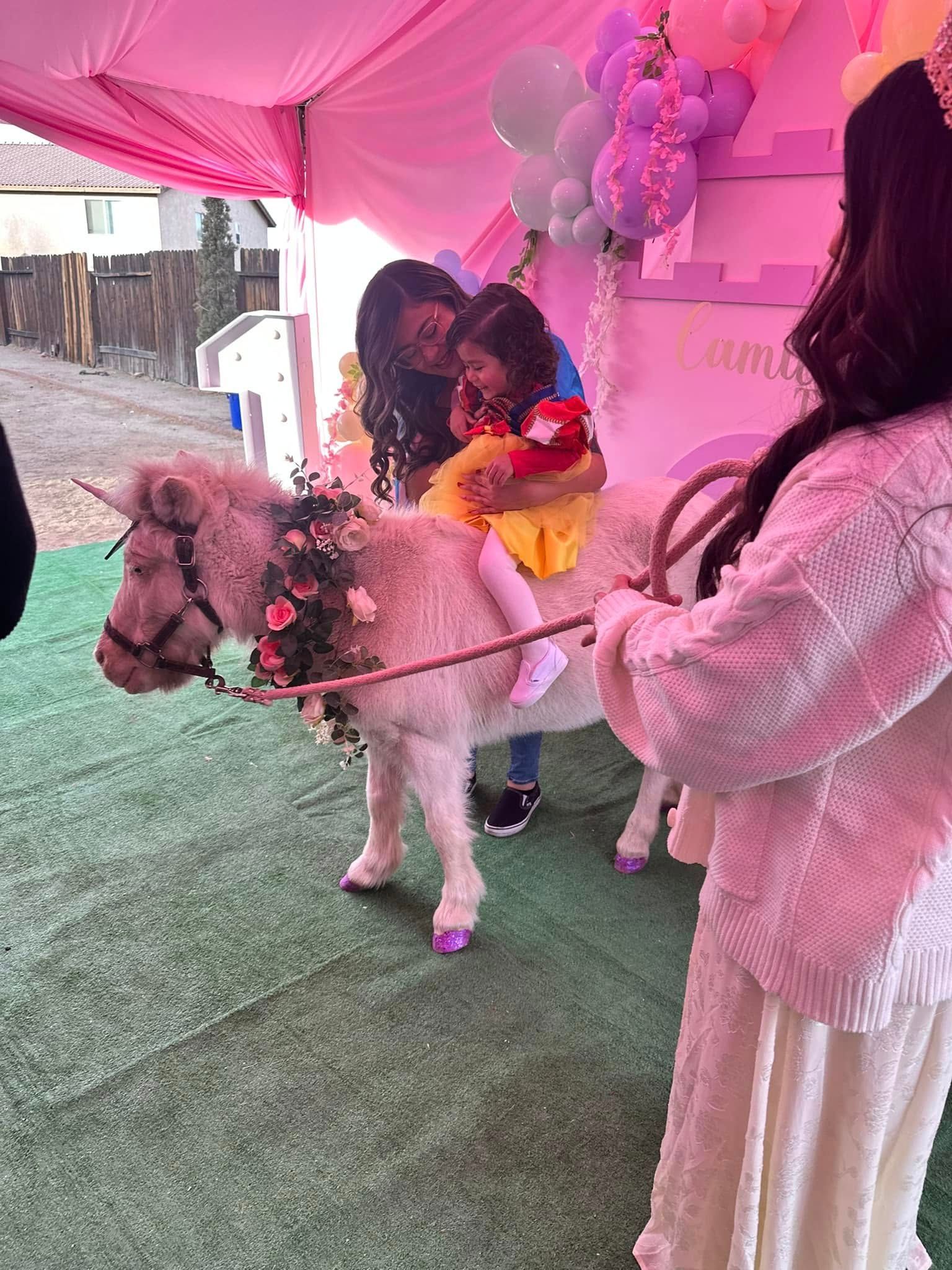 A little girl is riding a pony at a birthday party.