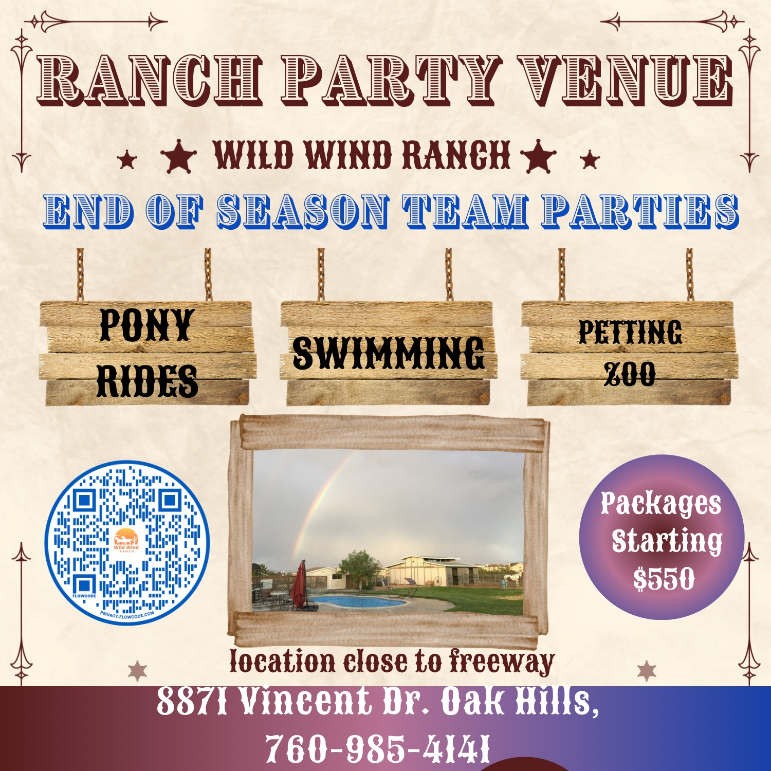 An advertisement for ranch party venue wild wind ranch