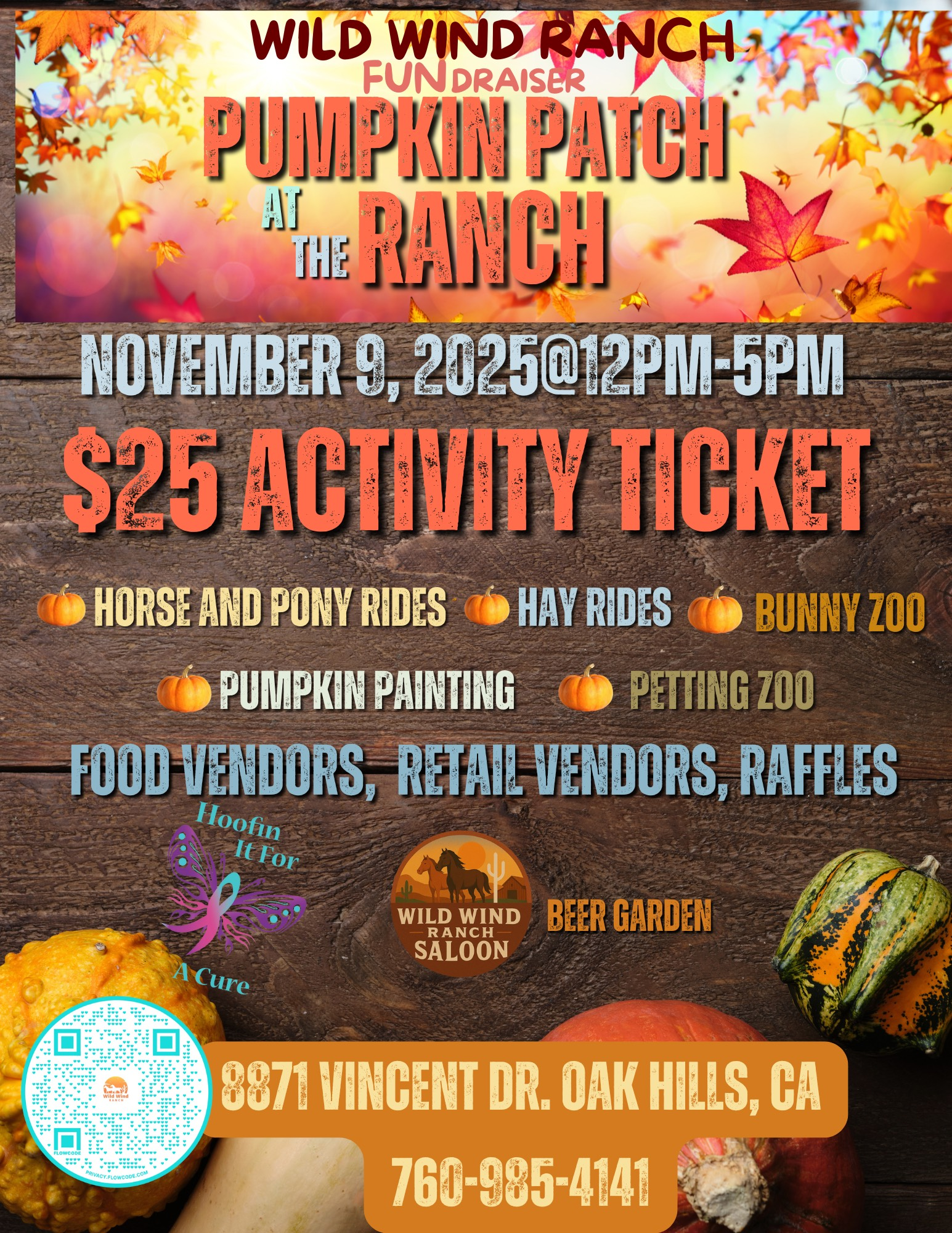 Pumpkin Patch at the Ranch fundraiser on November 8, 2025, in Oak Hills, CA. $25 activity ticket includes rides, zoo, vendors, and raffles.