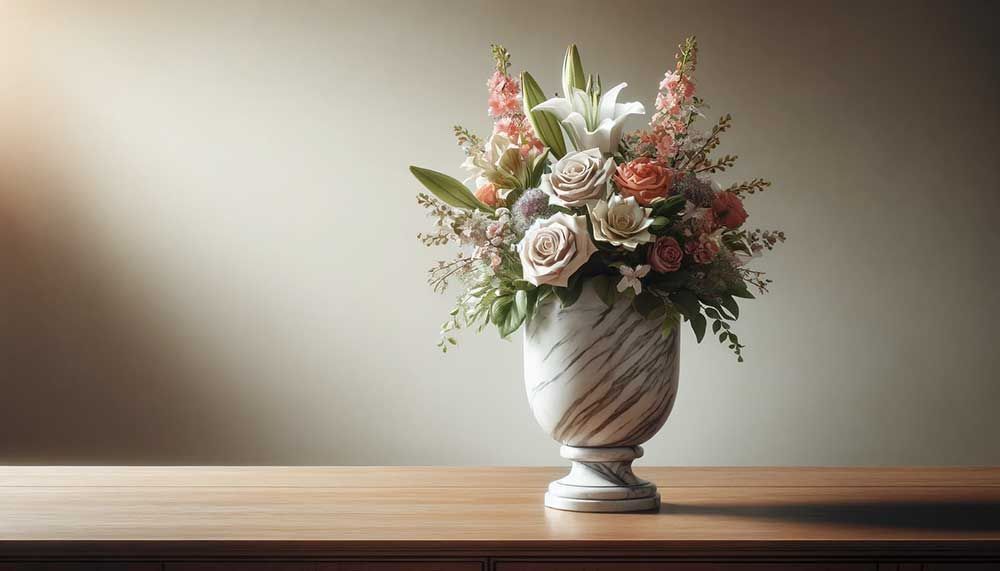 A vase filled with flowers is sitting on a wooden table.